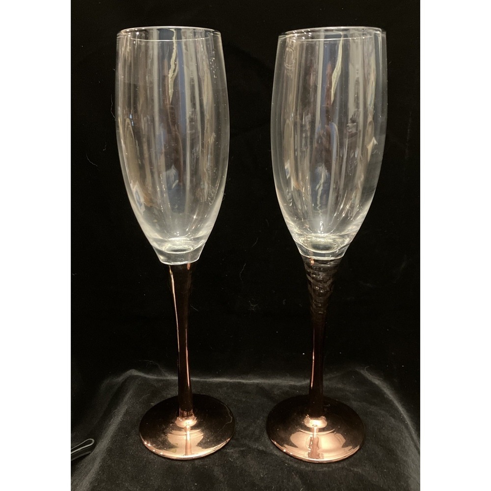 VTG Crystal Rose Blush Copper Long Stem Champagne Wedding Glasses Set Of 2